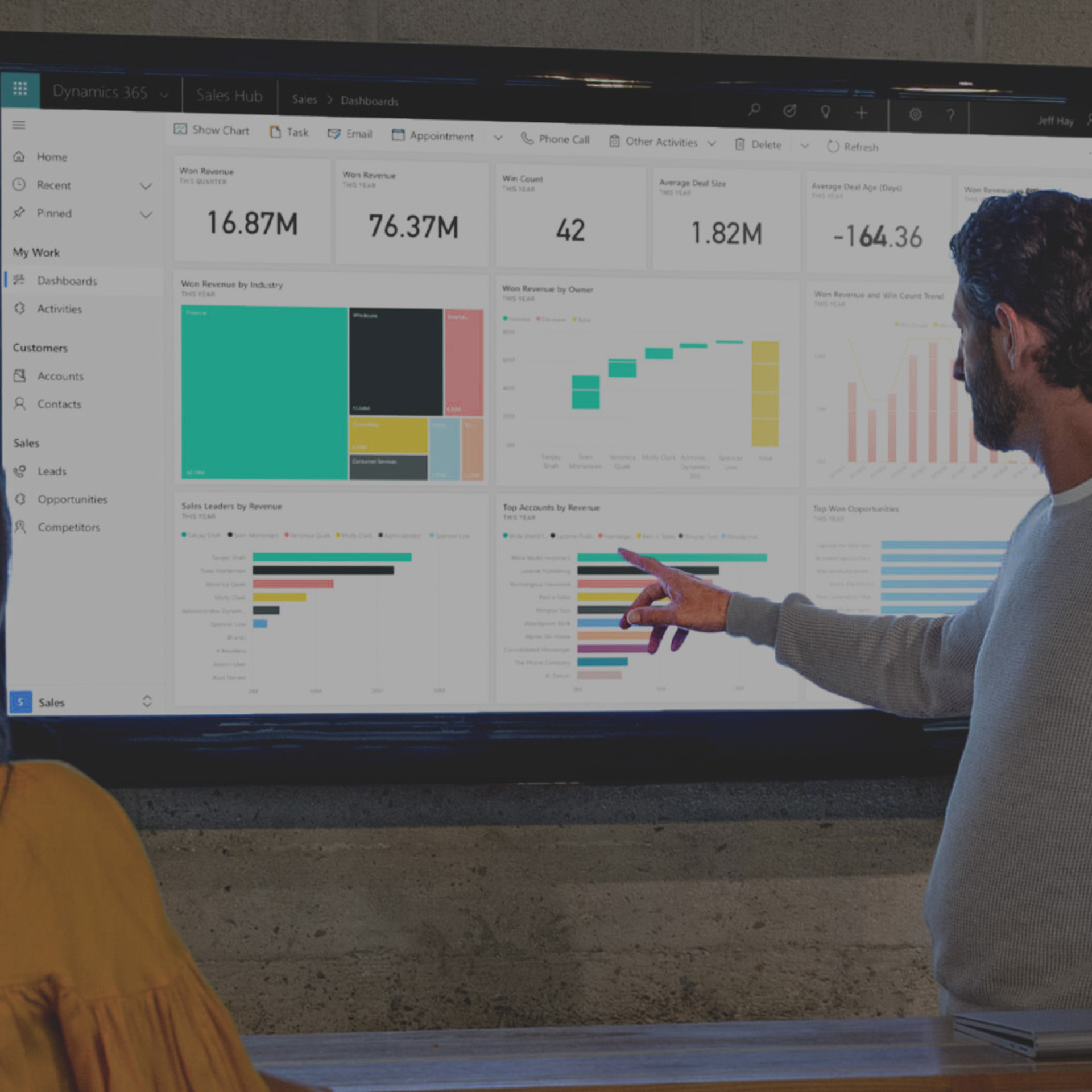 Drei Personen stehen vor einem Bildschirm und unterhalten sich über Diagramme, die dort abgebildet sind. Die Diagramme sind dabei in dem CRM-System Microsoft Dynamics 365 sichtbar.