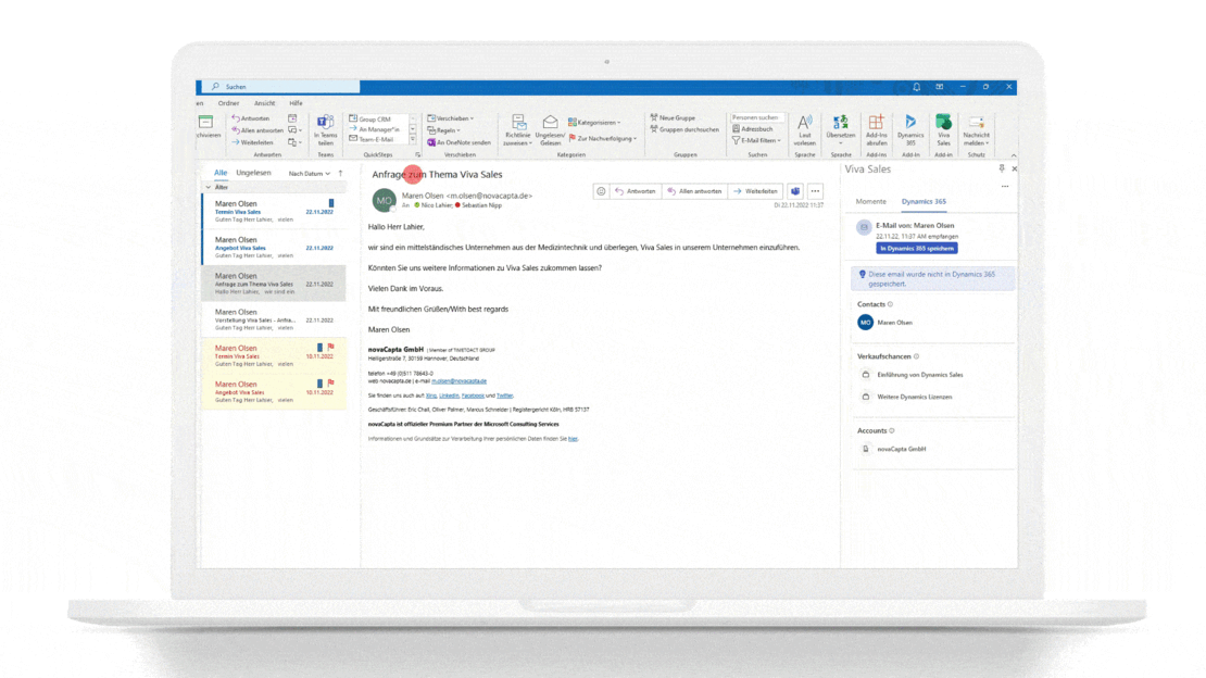 Screenshots Integration von Microsoft Viva Sales in Outlook