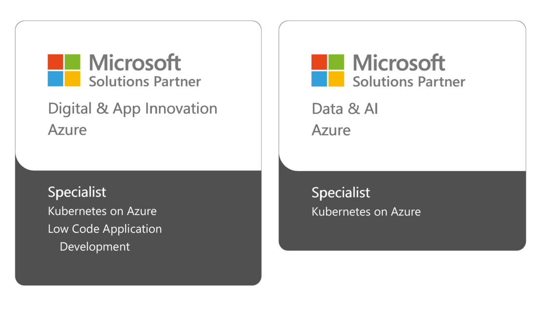 Logo Microsoft Solution Partner Solution Areas Digital and App Innovation und Data and AI mit Specializations