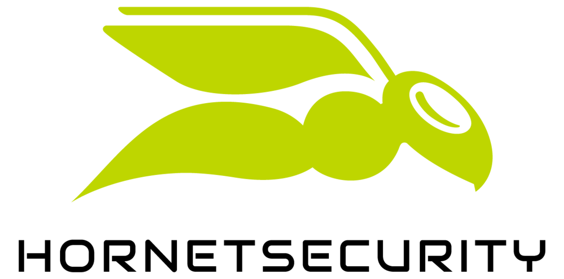 Logo der Firma Hornetsecurity mit dem Firmennamen als Schriftzug in schwarz und einer stilisierten Hornisse in grün