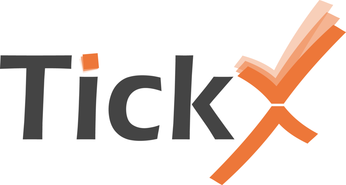 Logo TickX mit Signet und Name als Schriftzug in den Farben orange und schwarz
