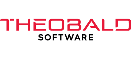 Logo Theobald Software mit Name als Schriftzug in den Farben rot und schwarz
