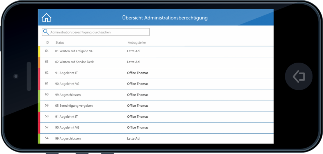Screenshot der Übersicht Administrationsberechtigung in der Apporval App auf einem Smartphone