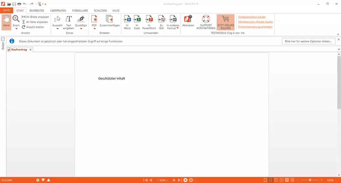 Screenshot eines geschützten PDF-Dokuments geöffnet mit dem Nitro Pro Reader