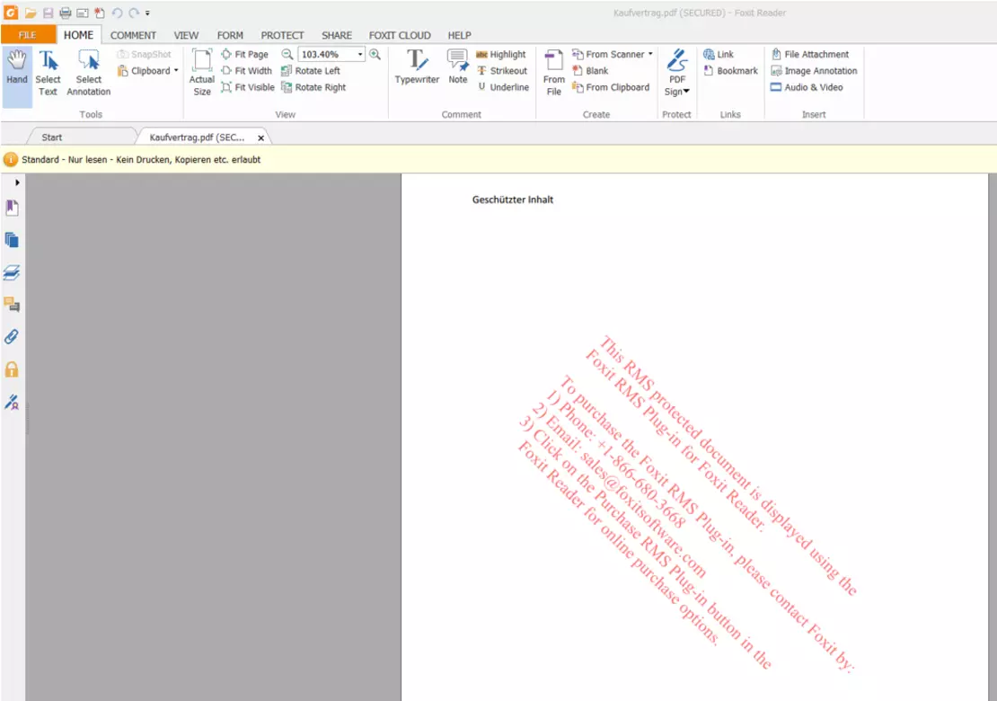 Screenshot eines geschützten PDF-Dokumentes geöffnet mit dem kostenlosen Foxit Reader mit RMS Plug-In