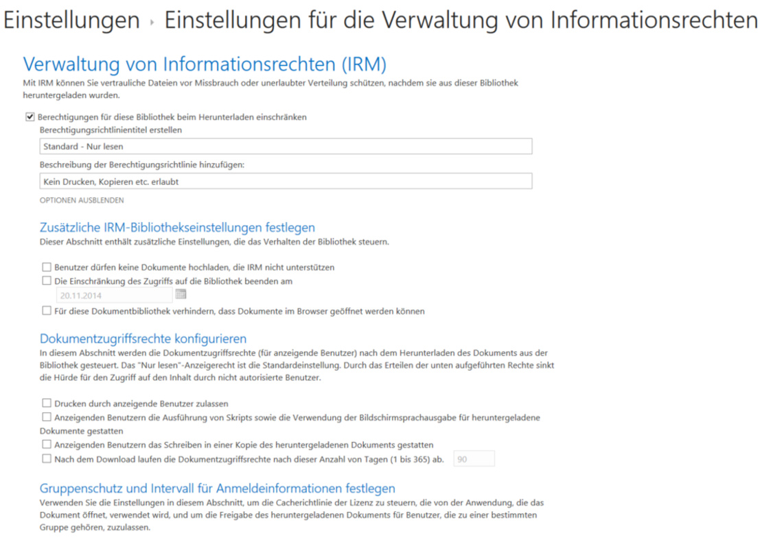 Screenshot Einstellungen der Informationsrechteverwaltung für eine SharePoint-Bibliothek