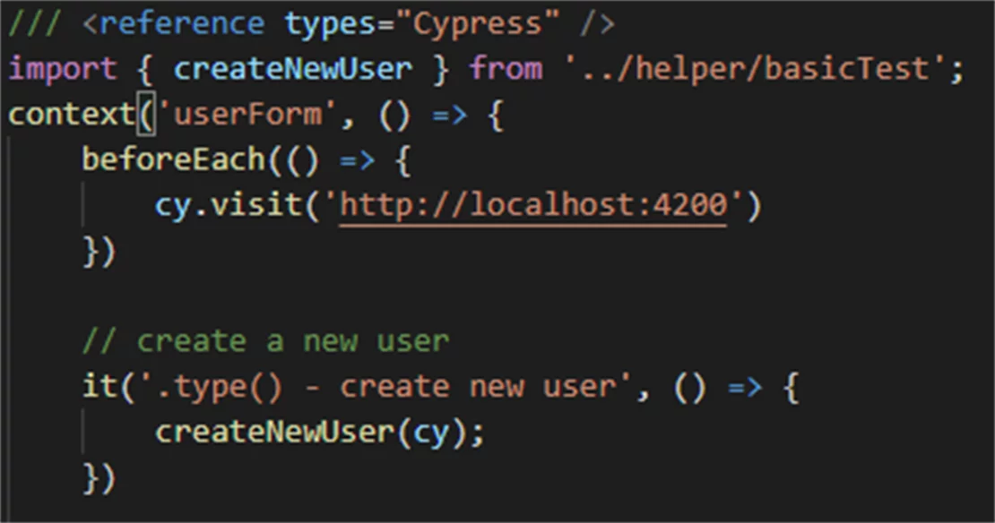 Screenshot Schreiben eines Cypress-Tests  - zur Localhost-Seite navigieren