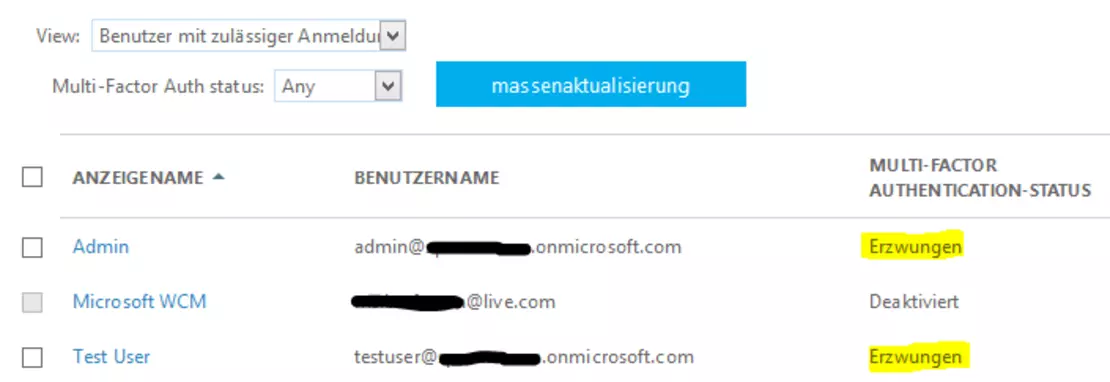 Screenshot Übersicht Admin und Test User bei Multi Factor Authentication (Azure und SharePoint)