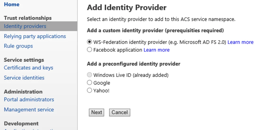 Screenshot AAD Tenant als Identity Provider (IdP) im ACS anlegen