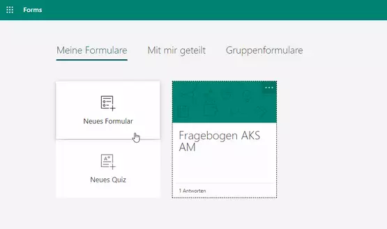 Screenshot der Funktion Neues Formular erstellen in Microsoft Forms